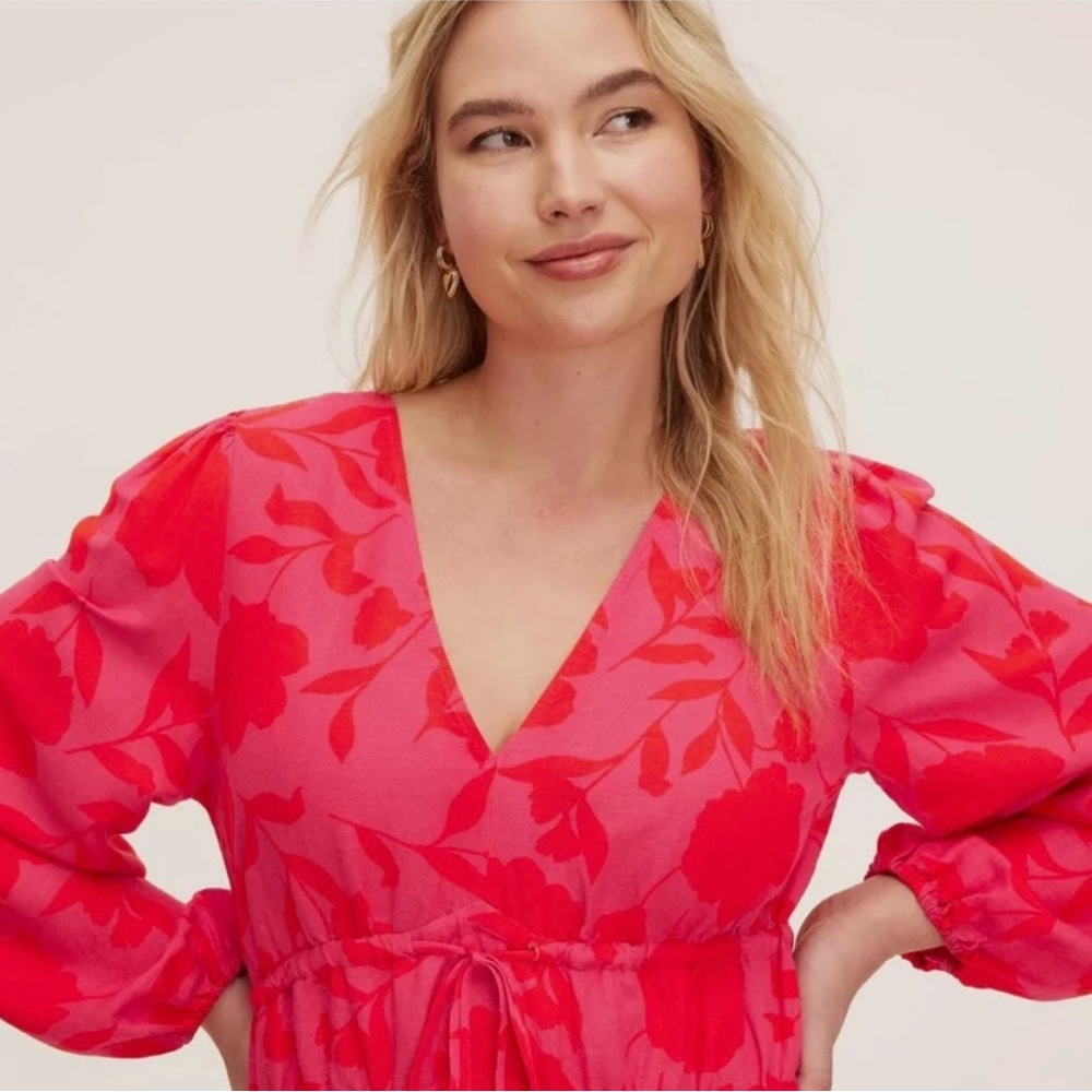 Kate Spade Red and Pink Long Sleeve V-Neck Sundress